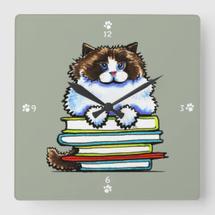 Reloj Cuadrado Libros elegantes del gatito de Ragdoll