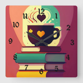 Reloj Cuadrado Libros Y Café