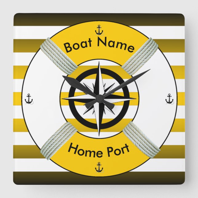 Reloj Cuadrado Lifebuoy~Life-Ring ~Livesaver~ Gold Black & White~ (Anverso)