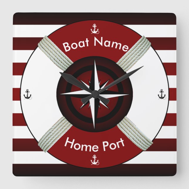 Reloj Cuadrado Lifebuoy ~ Life-Ring ~ Livesaver ~Maroon Bl & Wh~ (Anverso)