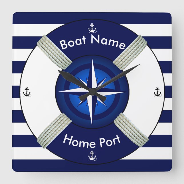 Reloj Cuadrado Lifebuoy ~Life-Ring ~Livesaver ~Navy Blue & White~ (Anverso)