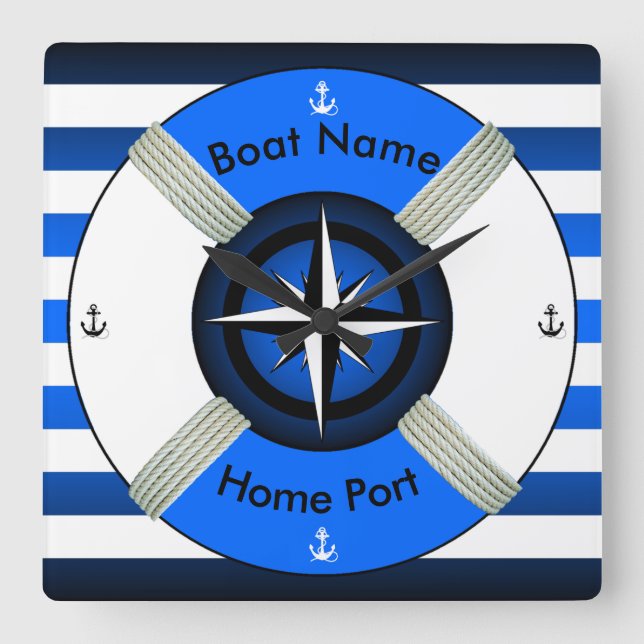 Reloj Cuadrado Lifebuoy ~Life-Ring ~Livesaver~Ocean Blue & White~ (Anverso)