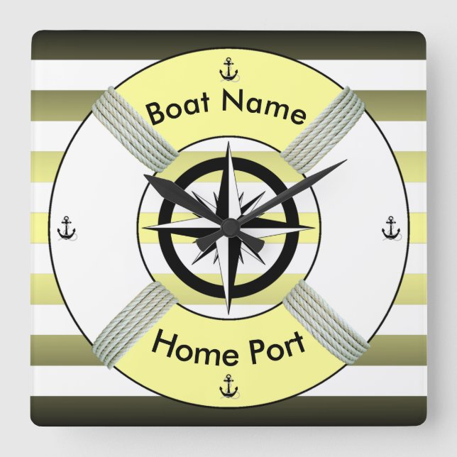 Reloj Cuadrado Lifebuoy ~ Life Ring ~ Yellow Green Black & White (Anverso)