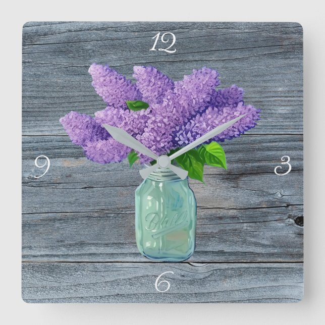 Reloj Cuadrado Lilacs En Mason Jar Rústico (Anverso)