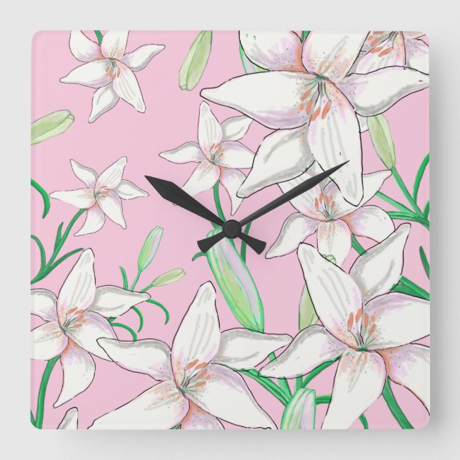 Reloj Cuadrado Lillies blancos sobre el Ilustracion de fondo rosa (Anverso)