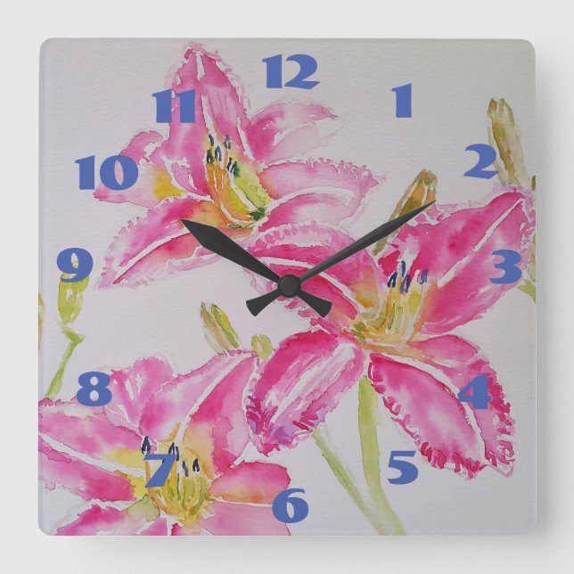 Reloj Cuadrado Lily Pretty Pink Lirios Arte Acuarela Flor (Anverso)