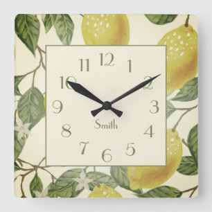 Reloj Cuadrado Limones Amarillos Vintage Botánicos Apellido