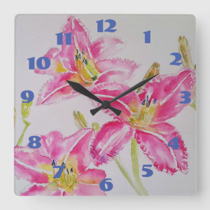 Reloj Cuadrado Linda flor de lirio rosa Lirios Arte acuarela 