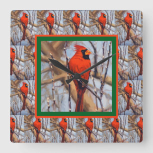Reloj Cuadrado Lindo cardenal rojo en invierno