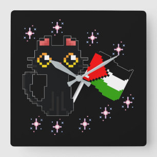Reloj Cuadrado lindo gato negro sostiene bandera palestina