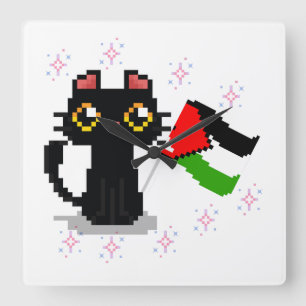 Reloj Cuadrado lindo gato negro sostiene bandera palestina