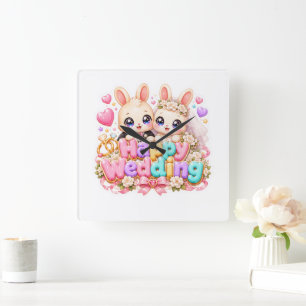 Reloj Cuadrado Lindo Kawaii Conejo Feliz Boda Pareja Rosa Pastel