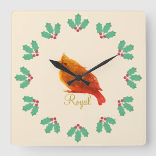 Reloj Cuadrado Lindo Pájaro Real Rojo y Bayas de Acebo