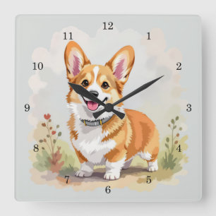 Reloj Cuadrado Lindo perro Corgi galés de Pembroke rojo