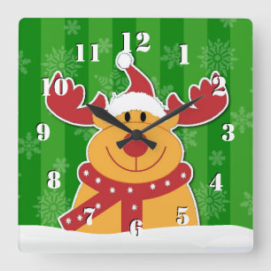 Reloj Cuadrado Lindo Rudolph en la Navidad Verde de la Nieve