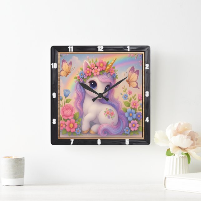Reloj Cuadrado Lindo Unicornio Mariposa Arcoíris (Hogar)
