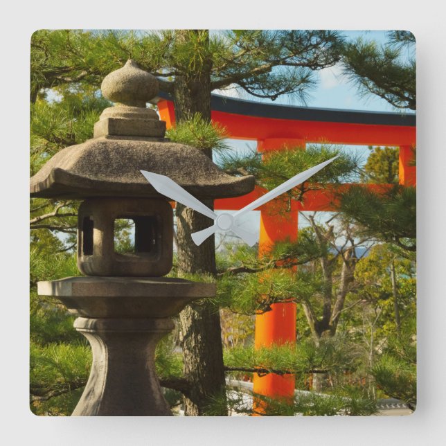 Reloj Cuadrado Linterna de piedra y puerta Torii (Anverso)