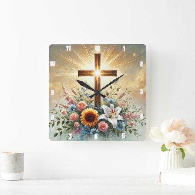 Reloj Cuadrado Lirio blanco espiritual radiante cruzado floral (Hogar)