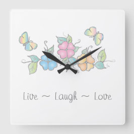 Reloj Cuadrado Live Laugh | Acuarela floral de mariposa