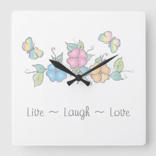 Reloj Cuadrado Live Laugh   Acuarela floral de mariposa