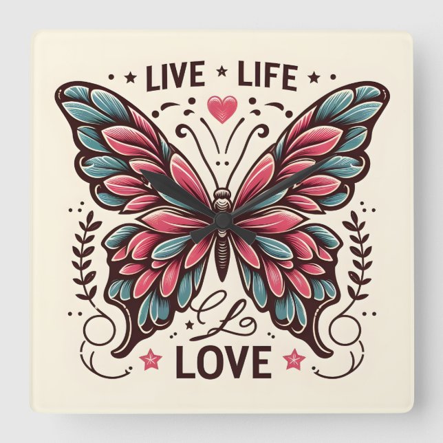 Reloj Cuadrado Live Life Love Square Butfly Wall Clock (Anverso)