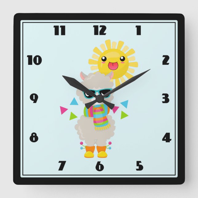 Reloj Cuadrado Llama Guay y sol sonriente kawaii (Anverso)