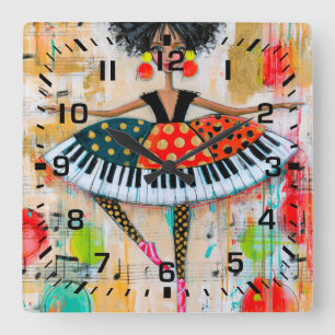 Reloj Cuadrado Llaves de piano caprichosas bailarina de música
