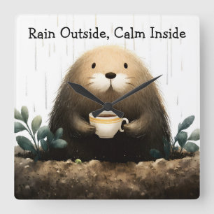 Reloj Cuadrado Lluvia afuera, calma adentro. Topo bebiendo café
