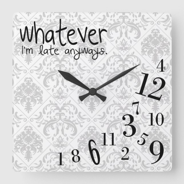 Reloj Cuadrado lo que sea - patrón de damasco gris y blanco (Anverso)