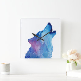 Reloj Cuadrado Lobo a la acuarela azul aullando