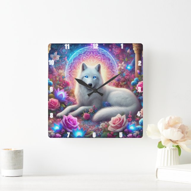 Reloj Cuadrado Lobo blanco místico (Hogar)