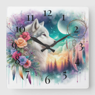 Reloj Cuadrado Lobo bohemio y cazador de sueños