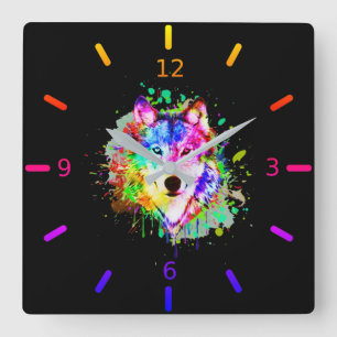 Reloj Cuadrado Lobo de color de agua colorido