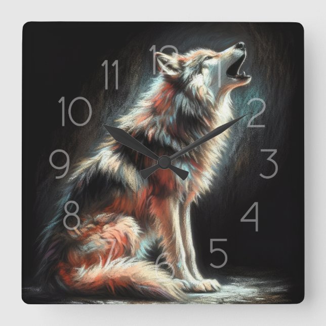 Reloj Cuadrado Lobo de dibujo de pasto duro (Anverso)