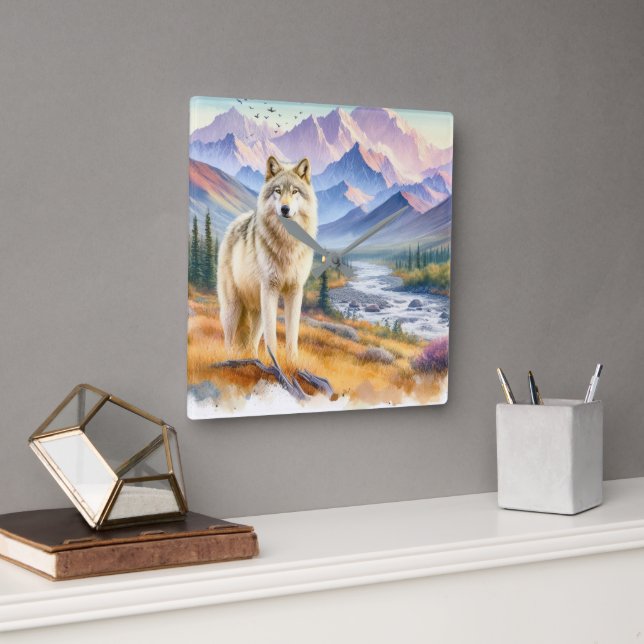 Reloj Cuadrado Lobo de madera Naturaleza  (Oficina)