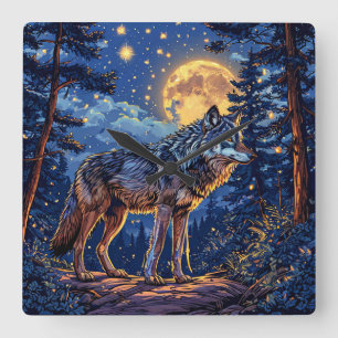 Reloj Cuadrado Lobo en bosque