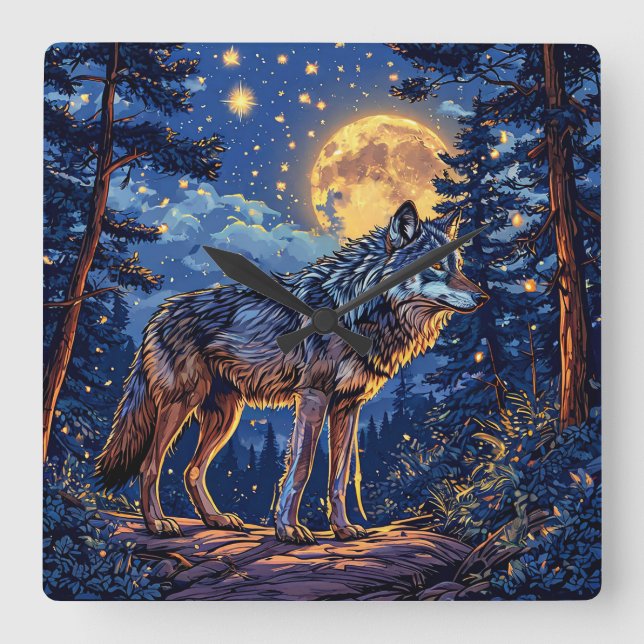 Reloj Cuadrado Lobo en bosque (Anverso)