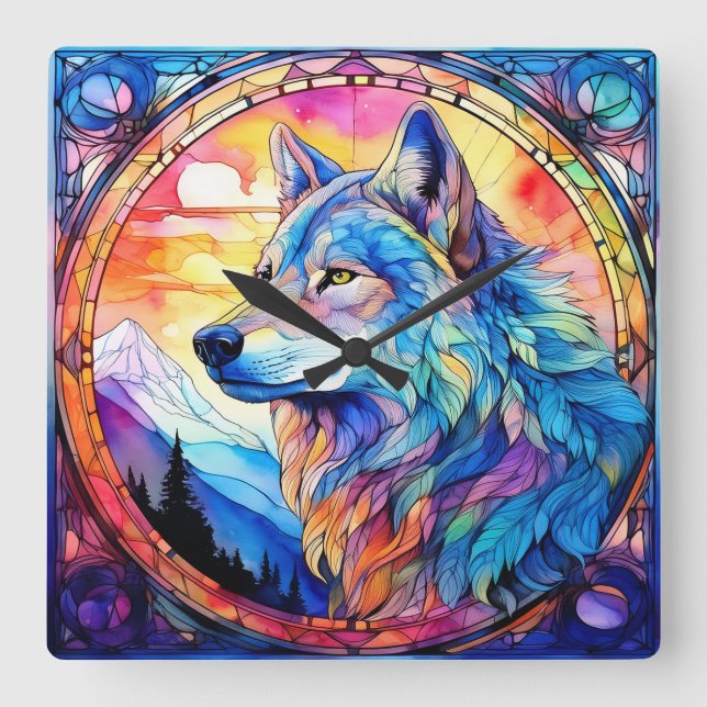 Reloj Cuadrado Lobo en vidrio emplomado (Anverso)