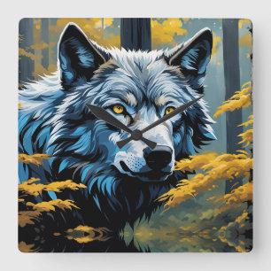 Reloj Cuadrado Lobo gris en el bosque dorado