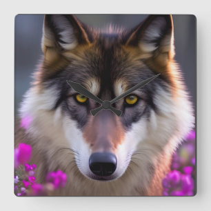 Reloj Cuadrado Lobo joven en flor rosa fucsia
