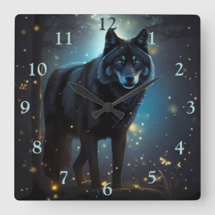 Reloj Cuadrado Lobo negro oscuro y misterioso