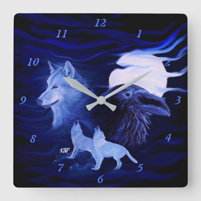 Reloj Cuadrado Lobos y Raven con luna llena (Anverso)