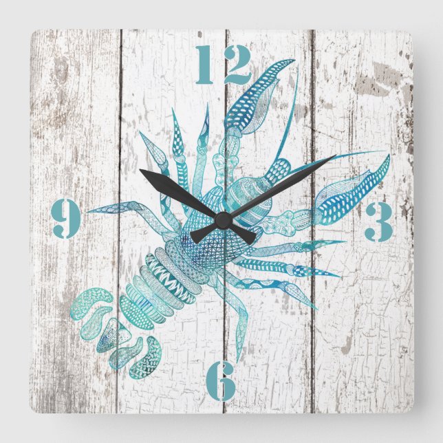 Reloj Cuadrado Lobster Beach House Wood Look Wall Clock (Anverso)