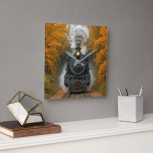 Reloj Cuadrado Locomotora de Vapor Vintage en Bosques de Otoño