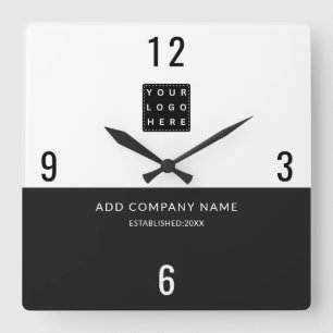 Reloj Cuadrado Logotipo minimalista de empresa Negra Blanca