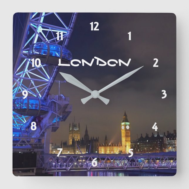 Reloj Cuadrado London UK Night Cityscape London Eye View (Anverso)