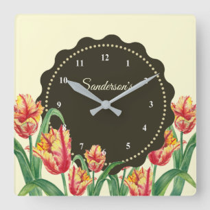 Reloj Cuadrado Loro amarillo acuarela Tulips Arte floral