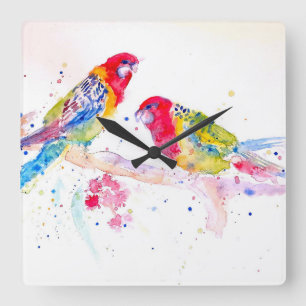 Reloj Cuadrado Loro Rosella Rojo Loros Pájaros Acuarela Esposa