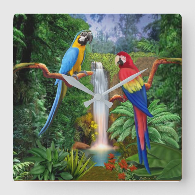 Reloj Cuadrado Loros tropicales del Macaw (Anverso)