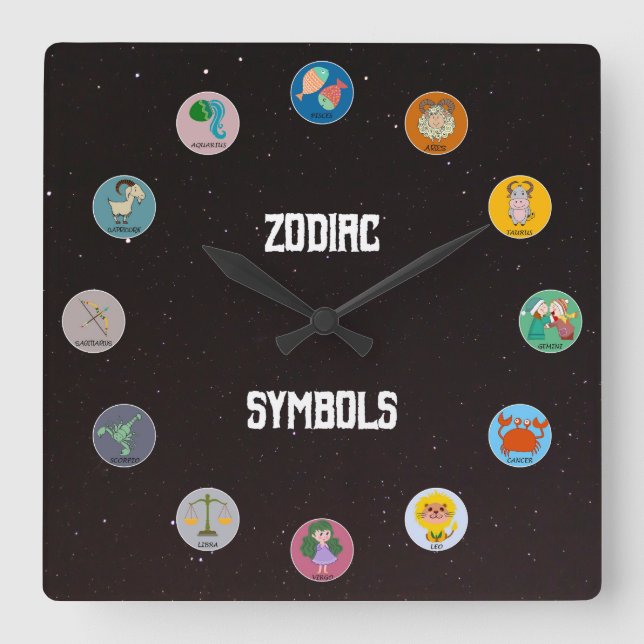 Reloj Cuadrado Los 12 símbolos zodiacos con Star Field (Anverso)